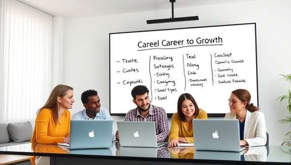 A diverse group of professionals engaged in a virtual career coaching session, with laptops open and a whiteboard displaying career strategies, conveying collaboration and growth.