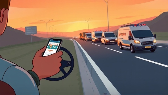 An animated image showing a driver stranded on the roadside with a smartphone in hand, tapping the Rescue Roadmate app for immediate assistance, with a fleet of service vehicles rushing to the location, highlighting the quick and reliable response of the service.