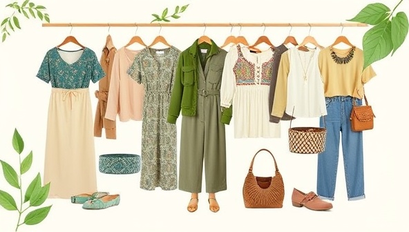 An eco-friendly fashion collage featuring sustainable clothing items, recycled accessories, and ethically produced products displayed in a virtual wardrobe, with green leaf motifs and nature-inspired elements, reflecting the platform's commitment to sustainability and eco-conscious fashion choices.