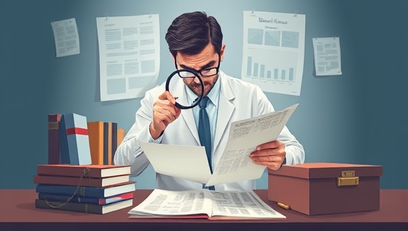 An illustration of a forensic accountant analyzing financial documents with a magnifying glass, surrounded by legal books and evidence boxes, symbolizing meticulous investigation and accuracy in forensic accounting services.