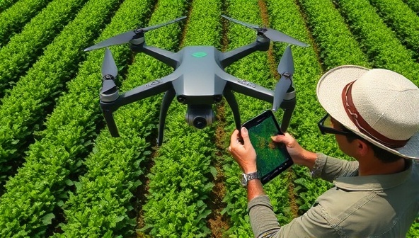 An aerial view of a lush green farm field captured by a drone equipped with multispectral sensors, showing detailed crop health analysis and pest infestation detection, with a farmer reviewing the drone imagery on a tablet, highlighting the precision and efficiency of AgriSight Drones' agricultural monitoring service.