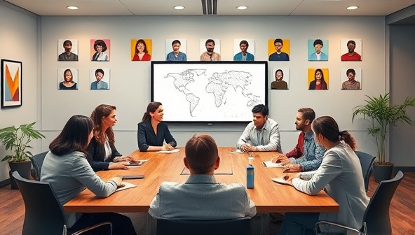 An inclusive virtual boardroom setting with diverse professionals engaging in a constructive dialogue, surrounded by inclusive workplace symbols and diverse employee profiles, embodying the spirit of diversity and inclusion consulting in a digital space.