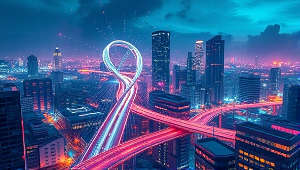 An immersive digital rendering depicting a futuristic cityscape with interconnected devices and smart infrastructure powered by 5G networks, symbolizing the transformative potential of next-generation connectivity facilitated by the consultancy service.