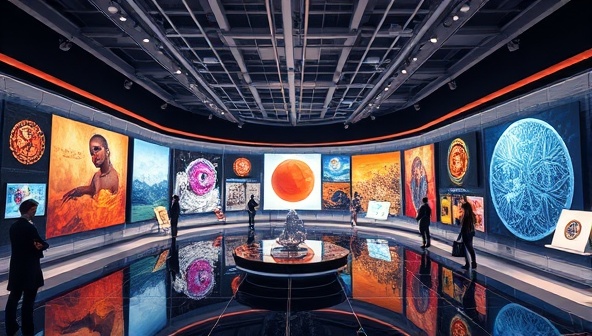 A digital art gallery showcasing a diverse collection of NFTs on a virtual platform, with interactive features allowing users to explore digital artworks in a futuristic and secure environment, highlighting the innovative and transformative nature of ArtChain's digital art marketplace.