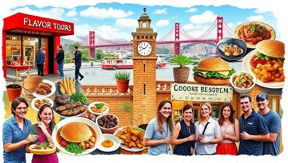An enticing and vibrant collage of diverse food offerings, culinary landmarks, and enthusiastic participants enjoying a FlavorQuest Expeditions tour, capturing the essence of discovery, flavor exploration, and community connection within a local food-centric adventure.