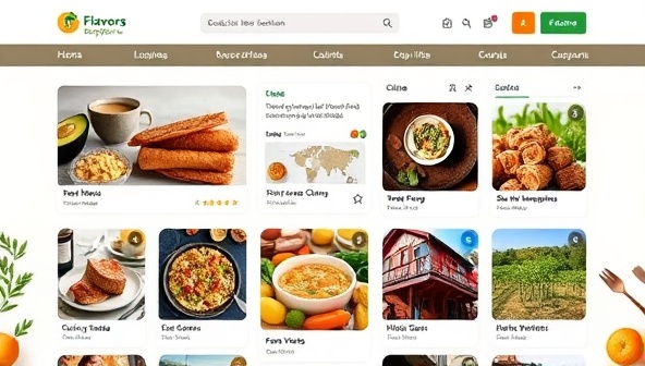 An enticing marketplace platform interface showcasing a variety of culinary experiences, from street food tours and cooking workshops to wine tastings and farm visits, enticing users to explore the diverse flavors and cultural richness available through Flavors Explorer.