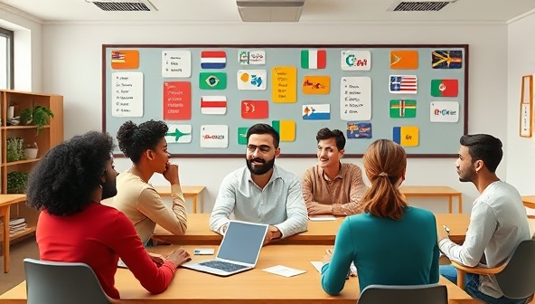 An interactive online language classroom setting with avatars representing different cultures engaging in lively conversations, symbolizing global connections and learning diversity.