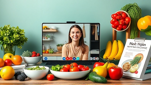 A vibrant image of a virtual nutrition coaching session in progress, featuring a nutritionist discussing meal plans and food choices with a client via video call, surrounded by fresh fruits, vegetables, and recipe books, creating a colorful and informative wellness environment.