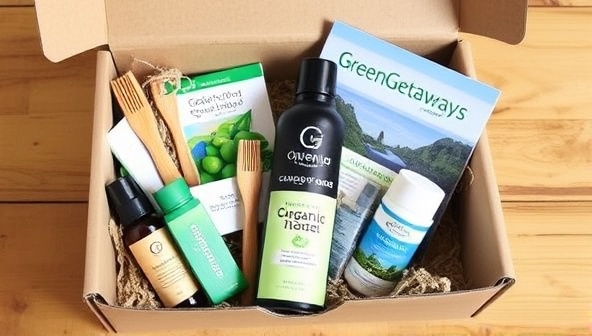 An aesthetically pleasing box filled with sustainable travel items like a bamboo toothbrush, reusable water bottle, organic toiletries, and a guidebook to eco-friendly destinations, showcasing the essence of GreenGetaways Box.