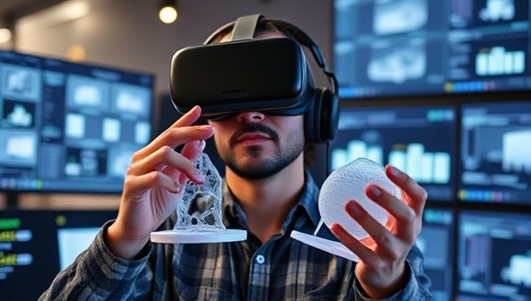 A designer wearing a VR headset, immersed in a virtual environment, manipulating and examining a 3D model of a product, surrounded by digital tools and screens, highlighting the cutting-edge technology of virtual prototyping.