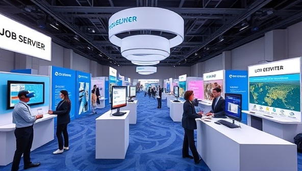 An immersive VR scene depicting a virtual job fair environment with virtual booths, avatars representing job seekers and recruiters, and interactive elements like digital handshakes and information displays, showcasing the engaging and interactive nature of CareerSphereVR's platform.