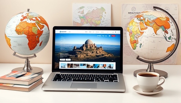 An elegant digital workspace with a laptop displaying stunning travel destinations, a globe, travel guides, and a cup of coffee, evoking a sense of wanderlust and sophisticated travel planning.