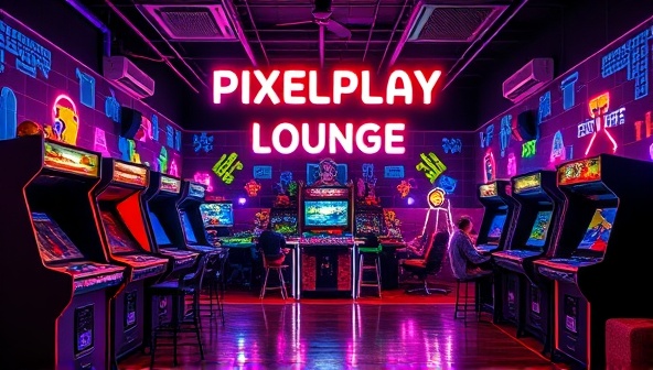 An inviting image of PixelPlay Lounge showcasing retro arcade cabinets, vintage consoles, and gamers enjoying classic games and drinks in a colorful and vibrant gaming lounge setting, with neon lights and pixel art decorations creating a nostalgic and social gaming atmosphere, capturing the essence of PixelPlay Lounge's retro gaming experience.