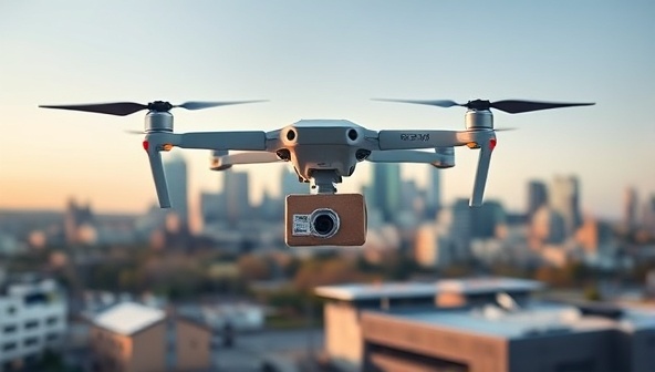 An aerial view of a drone gracefully delivering a package to a local business, with the city skyline in the background, illustrating the efficiency and innovation of the drone delivery service.