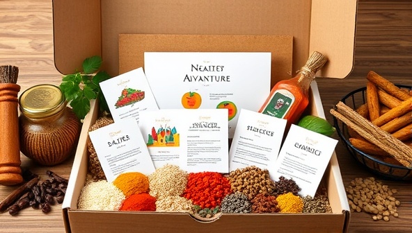 An enticing subscription box display featuring a variety of colorful spices, exotic ingredients, and recipe cards from different global regions, evoking a sense of culinary adventure and exploration in the comfort of one's kitchen.