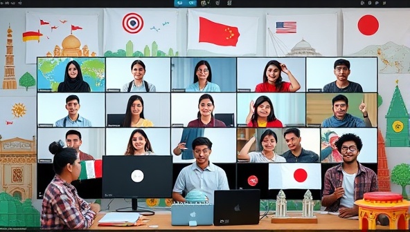 An online language class setting with a diverse group of participants interacting virtually, practicing vocabulary and cultural expressions, surrounded by digital representations of cultural symbols and landmarks, creating a vibrant and immersive learning environment.
