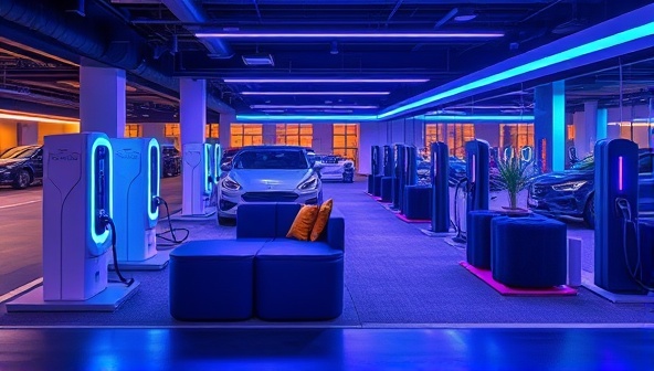 A sleek and modern lounge setting with stylish electric vehicle charging stations, comfortable seating areas, and a vibrant ambiance, showcasing a blend of technology and relaxation.