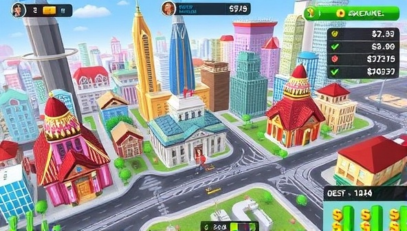 An animated game scene showing a virtual cityscape with colorful properties, investment icons, and financial indicators, with avatars of players strategizing and competing in real estate transactions and challenges, creating a visually dynamic and engaging representation of the Property Tycoon Challenge game.