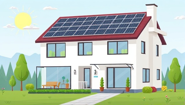 An illustration of a modern, energy-efficient home with solar panels on the roof, smart home devices controlling energy usage, and green landscaping, showcasing the concept of sustainable living and reduced energy consumption.