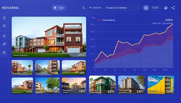 An online platform interface showcasing a diverse portfolio of real estate properties available for investment, with interactive graphs illustrating potential returns, creating a visually engaging and informative user experience for potential investors.
