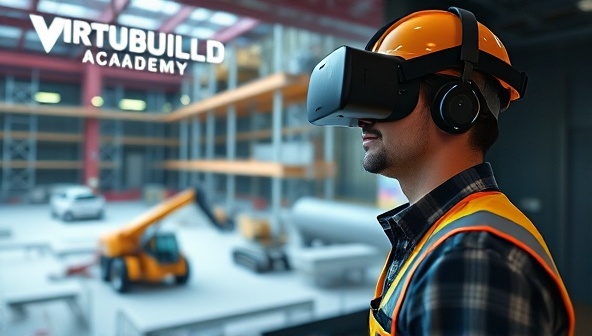A construction worker wearing a virtual reality headset and interacting with a simulated construction site environment, practicing safety procedures and equipment operation in a realistic virtual setting, showcasing the immersive training experience of VirtuBuild Academy.