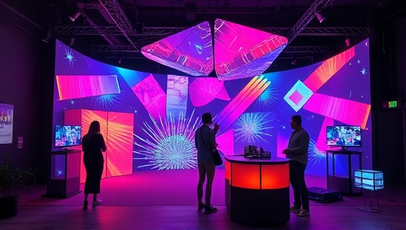 An immersive experiential marketing installation featuring a blend of digital and physical elements, with interactive touchpoints, vibrant visuals, and engaging sensory experiences, capturing the essence of ImmerseXplore's creative approach to brand activations.
