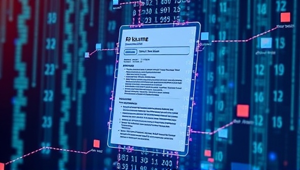 An innovative digital representation showcasing a resume transforming into a digital code that gets optimized and refined by AI algorithms, symbolizing the magic of OptiResume in enhancing job seekers' resumes for better opportunities.