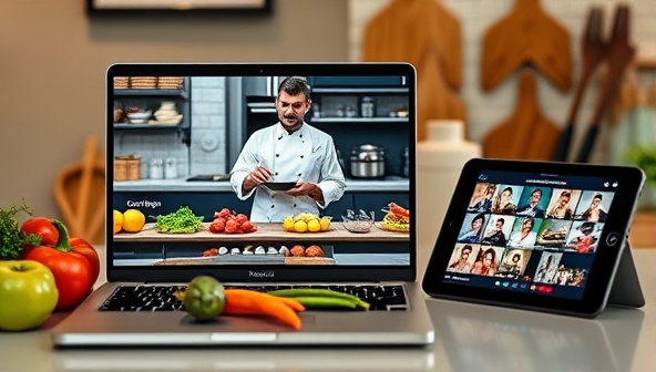 A laptop screen displaying a virtual cooking class with a professional chef guiding participants through a recipe, a kitchen setup with fresh ingredients, utensils, and a tablet showing user interactions, illustrating a dynamic and immersive culinary learning experience.