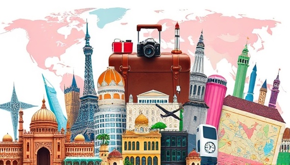 A vibrant digital collage of iconic global landmarks blended with cozy travel elements like a suitcase, a camera, and a map, symbolizing a fusion of adventure and comfort in travel planning.