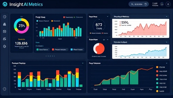 An AI-powered dashboard displaying real-time social media performance metrics and predictive analytics, with colorful data visualizations and trend charts, highlighting the data-driven insights provided by InsightAI Metrics.