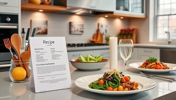 An elegant kitchen setup with neatly arranged ingredients in branded packaging, a recipe card propped up on a sleek countertop, and a set table showcasing the prepared gourmet meal, evoking a sense of culinary sophistication and home dining experience.