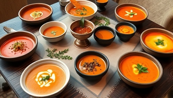 An elegant and inviting dining table set with a variety of gourmet soups in artisanal bowls, garnished with fresh herbs and spices, with a cozy setting that conveys warmth and comfort, reflecting the artisanal and homemade essence of Soup Harmony Club.