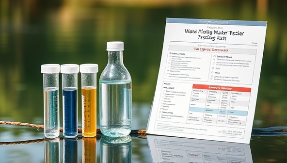 An engaging visual of a water quality testing kit with test tubes, a sample collection bottle, and a detailed report showing various water contaminants, set against a backdrop of a serene water source, emphasizing the importance of clean and safe drinking water for health and well-being.