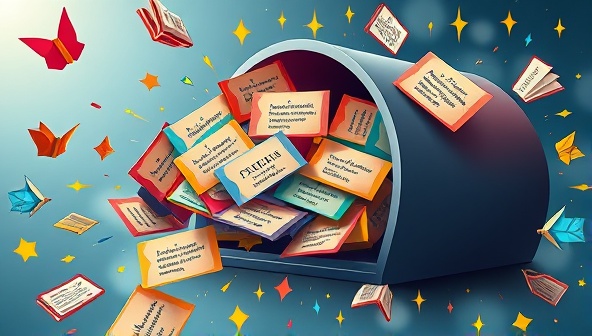 An artistic representation of a digital mailbox overflowing with colorful envelopes, each containing a tiny scroll with a captivating micro-fiction story, surrounded by whimsical elements like flying books and magical sparks, signaling a world of literary wonders awaiting subscribers.