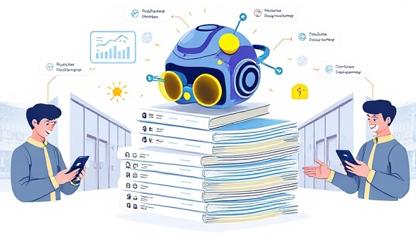 An illustration of a futuristic AI analyzing a stack of utility bills with glowing efficiency metrics, surrounded by satisfied clients receiving notifications of cost-saving recommendations on their mobile devices, emphasizing smart bill optimization technology.
