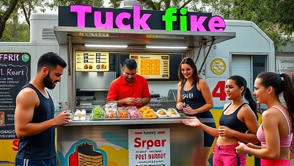 A vibrant food truck setup with colorful signage, smiling staff serving fresh and nutritious meals to customers, surrounded by fitness enthusiasts and athletes enjoying their post-workout snacks, promoting a healthy and active lifestyle.