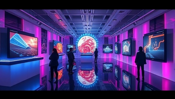 A futuristic virtual reality art gallery setting with digital art installations, interactive exhibits, and virtual avatars exploring and interacting with artworks, creating an immersive and engaging art experience on ArtVista.