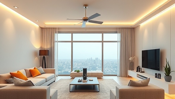 An image of a modern living room with integrated smart home devices such as voice-controlled speakers, automated lighting systems, and climate control panels, creating a futuristic and connected living space envisioned by SmartLiv.