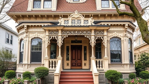 A beautifully restored Victorian-era home with intricate detailing, ornate trim work, and a welcoming front porch, evoking a sense of timeless elegance and craftsmanship that RetroRevive Homes brings to each restoration project.
