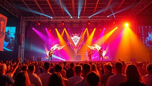 An electrifying virtual music festival stage with animated performers, vibrant visuals, and a virtual crowd grooving to the music, capturing the energy and excitement of a live music experience in the immersive world of SoundScape Fest.