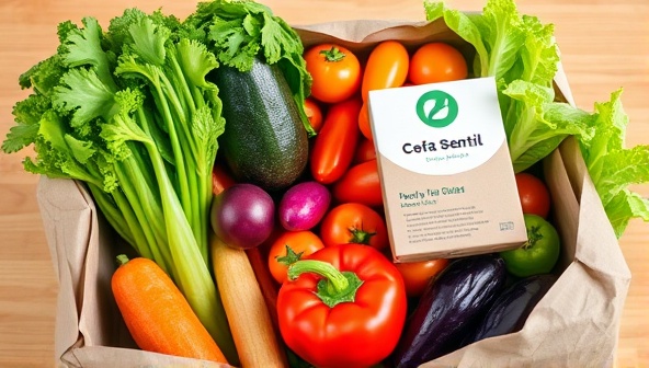 A vibrant image of fresh, colorful vegetables arranged in a sustainable, reusable meal kit packaging, showcasing the brand's commitment to eco-conscious practices and healthy eating.