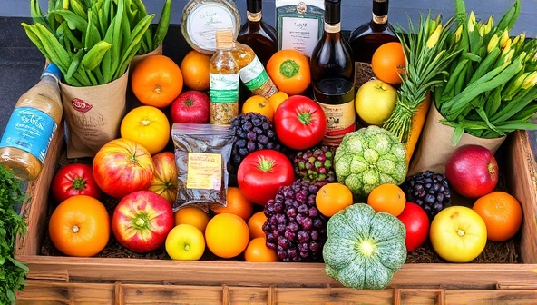 A vibrant and colorful image of a diverse selection of fresh fruits, vegetables, and artisanal products arranged in a rustic wooden crate, symbolizing the abundance and freshness of locally sourced goods.