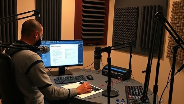 A podcast studio setup with a scriptwriter crafting compelling audio scripts on a digital interface, surrounded by studio microphones, soundproof panels, and recording equipment, illustrating the creativity and precision required in scriptwriting for podcasts in a professional audio environment.
