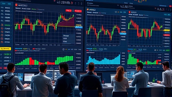 A dynamic digital exchange platform interface displaying live cryptocurrency trading charts, order books, and trading pairs, with a diverse group of traders engaging in transactions and analyzing market movements, symbolizing a vibrant and active trading marketplace in the digital realm.