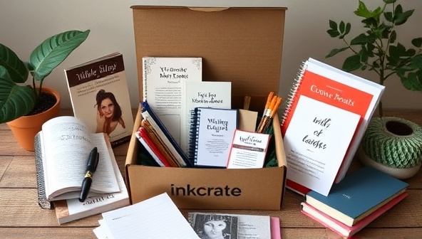 An immersive visual of a beautifully crafted subscription box from InkCrate, showcasing a selection of writing tools, notebooks, inspirational books, and creative prompts arranged in an aesthetically pleasing layout, evoking a sense of creativity and inspiration for writers.