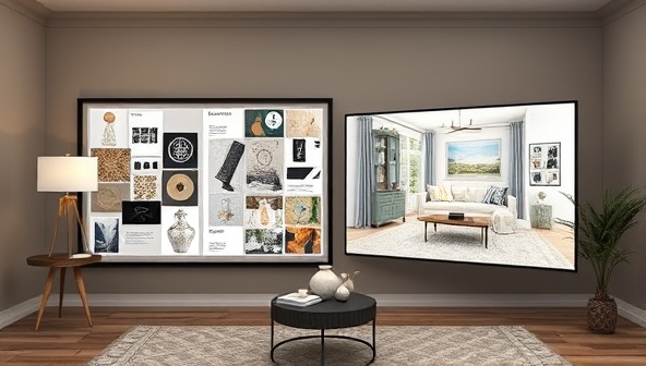 An elegant and stylish virtual design studio setup featuring a digital mood board with design inspirations, fabric swatches, and furniture samples, alongside a virtual room visualization tool displaying a client's living space transformation in real-time, conveying the creativity and expertise of virtual interior design consultations with DesignVisions.