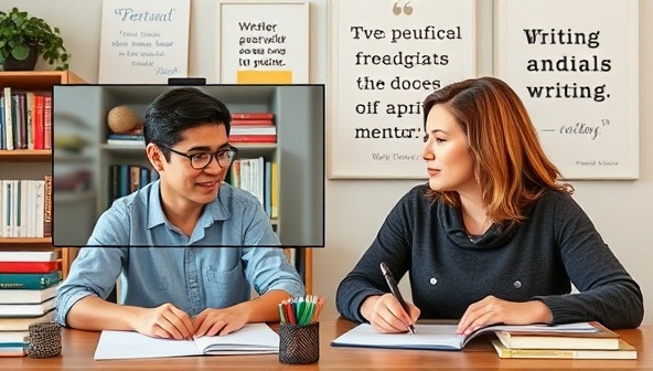 An engaging virtual mentorship session featuring a writer receiving feedback and guidance from a seasoned mentor via video call, with a backdrop of books, writing tools, and inspirational quotes, capturing the essence of professional support and learning at PenPal Prodigy.