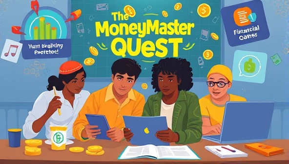 A digital illustration of a group of diverse players immersed in the MoneyMaster Quest gaming platform, with virtual coins, financial goals, and educational elements integrated into the gameplay, symbolizing learning, achievement, and financial mastery through interactive gaming experiences.