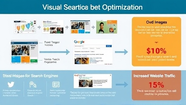 An infographic displaying the process of visual search optimization, with images being tagged and optimized for search engines, accompanied by visual search result examples and increased website traffic metrics, illustrating the value of VSEO services for brand visibility.