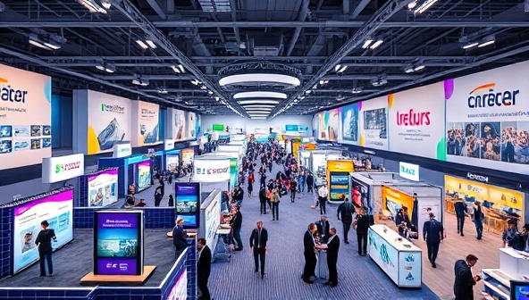An innovative virtual event platform interface showcasing a bustling virtual conference hall with engaging booths, interactive sessions, and networking areas, creating a dynamic and immersive online event experience.